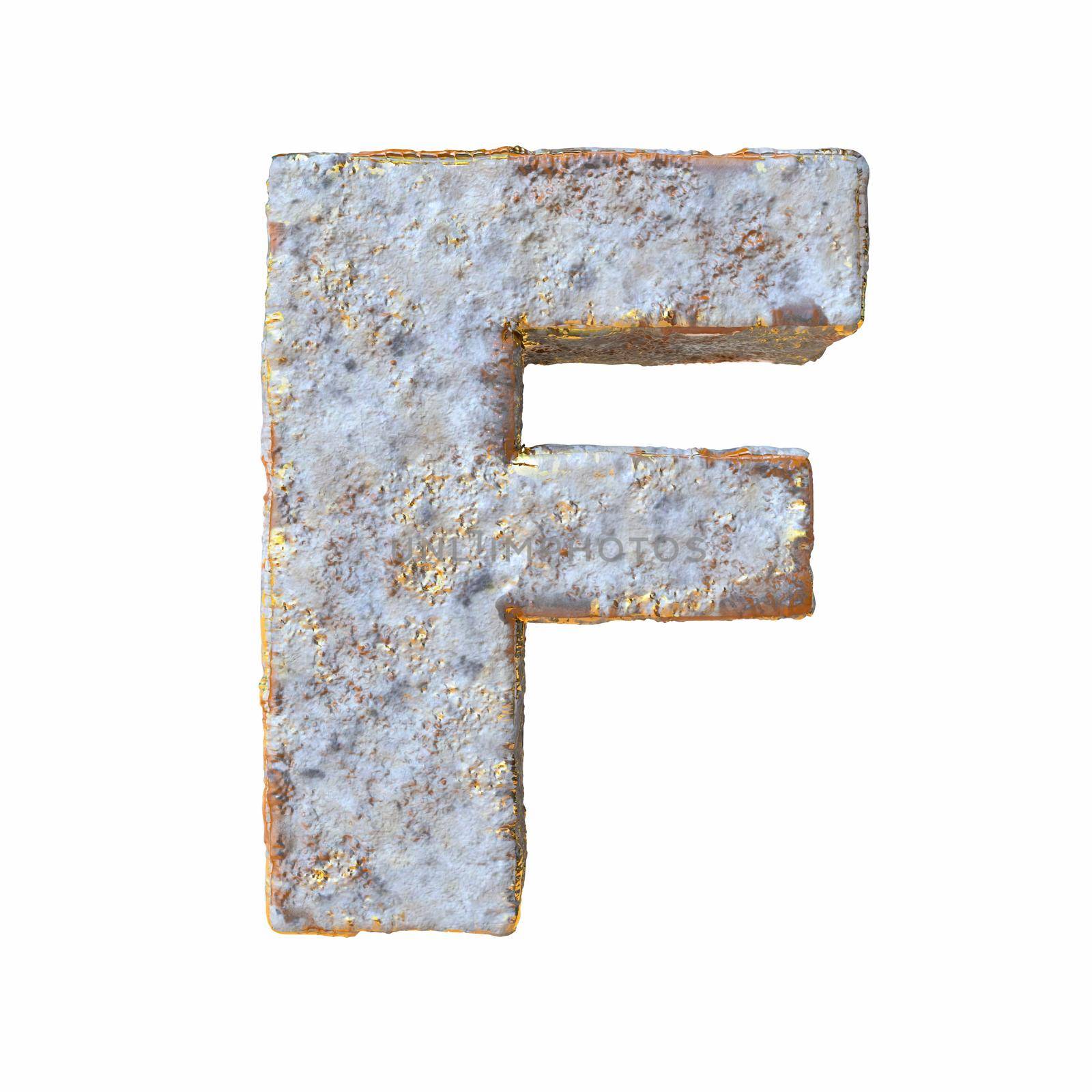 Stone with golden metal particles Letter F 3D rendering illustration isolated on white background