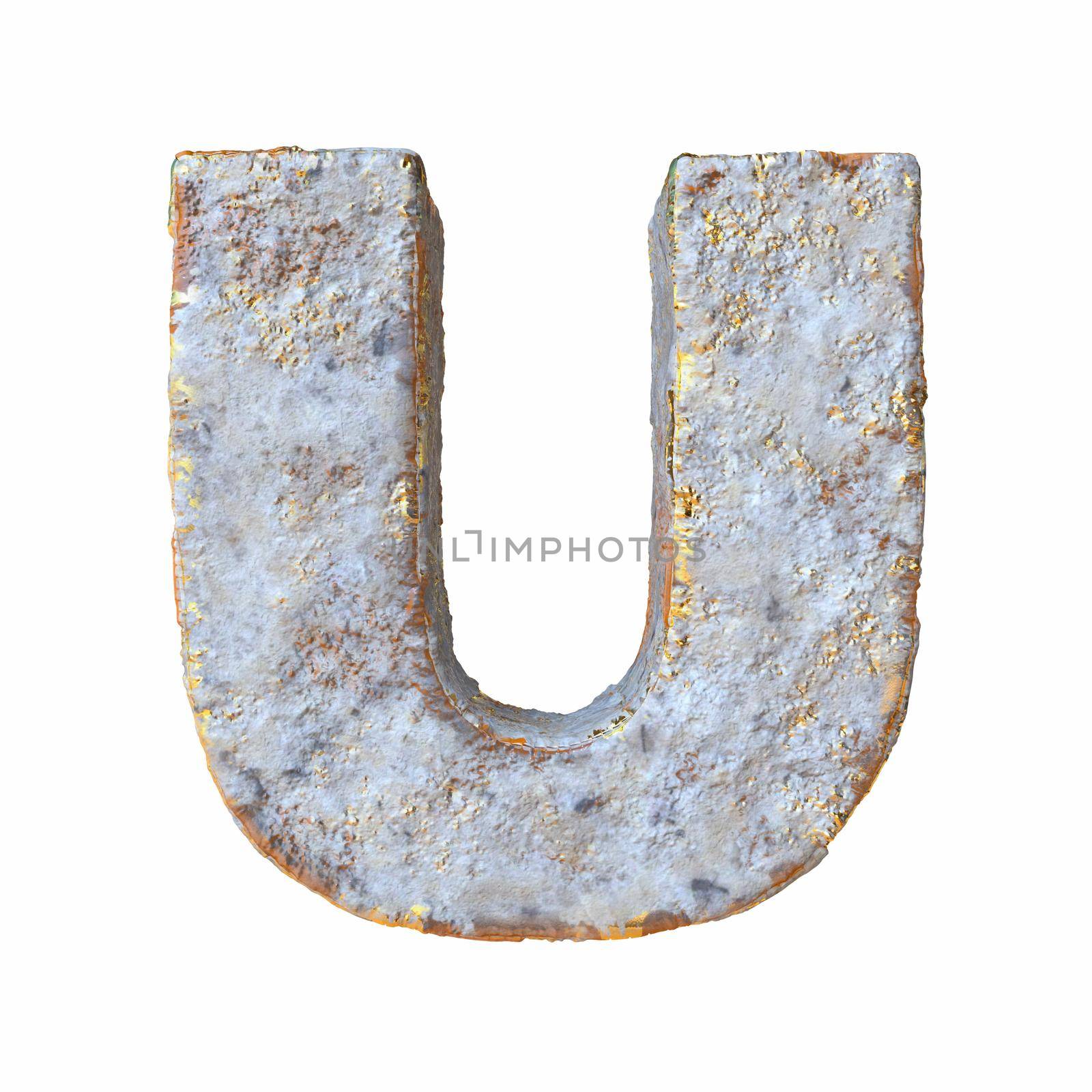Stone with golden metal particles Letter U 3D rendering illustration isolated on white background
