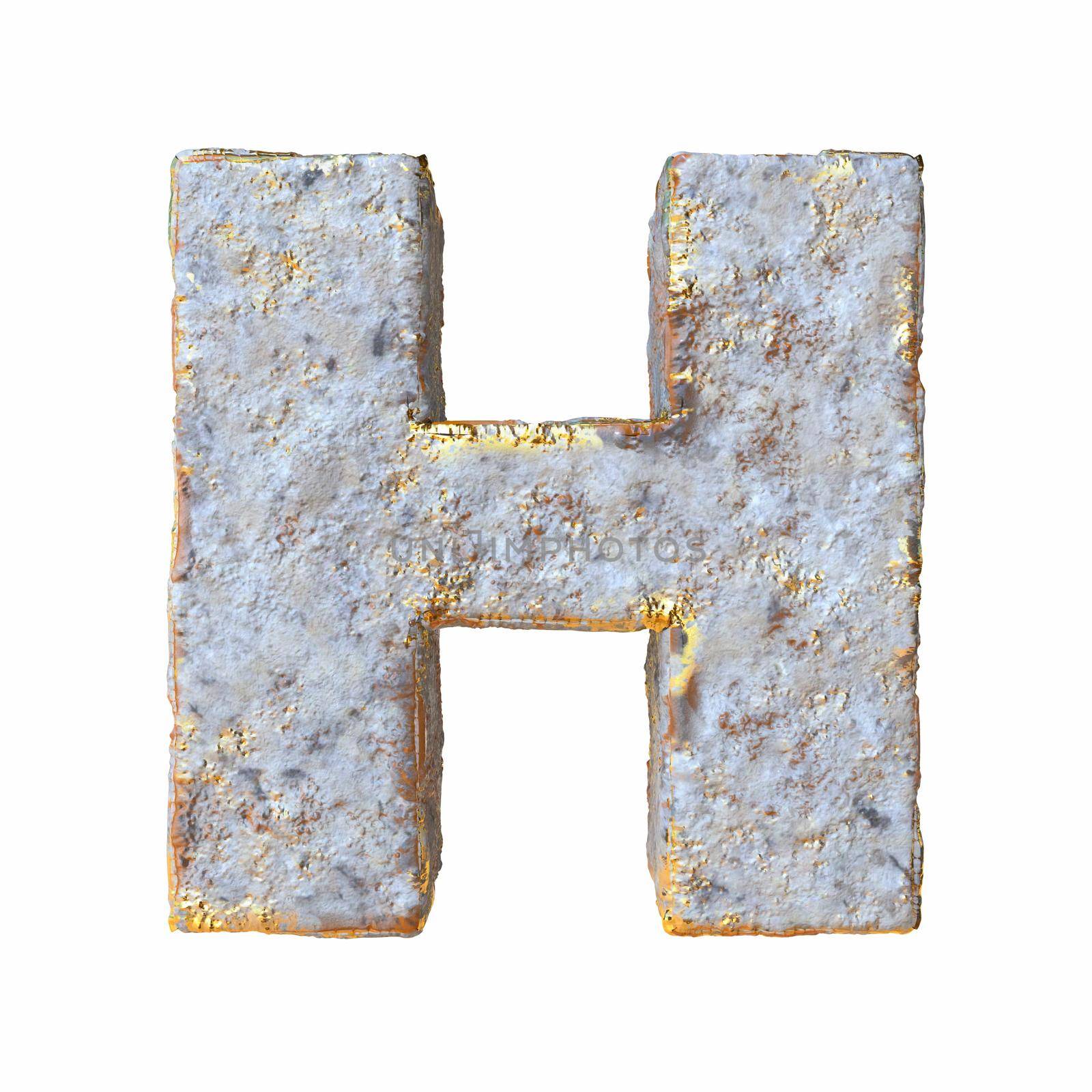 Stone with golden metal particles Letter H 3D rendering illustration isolated on white background