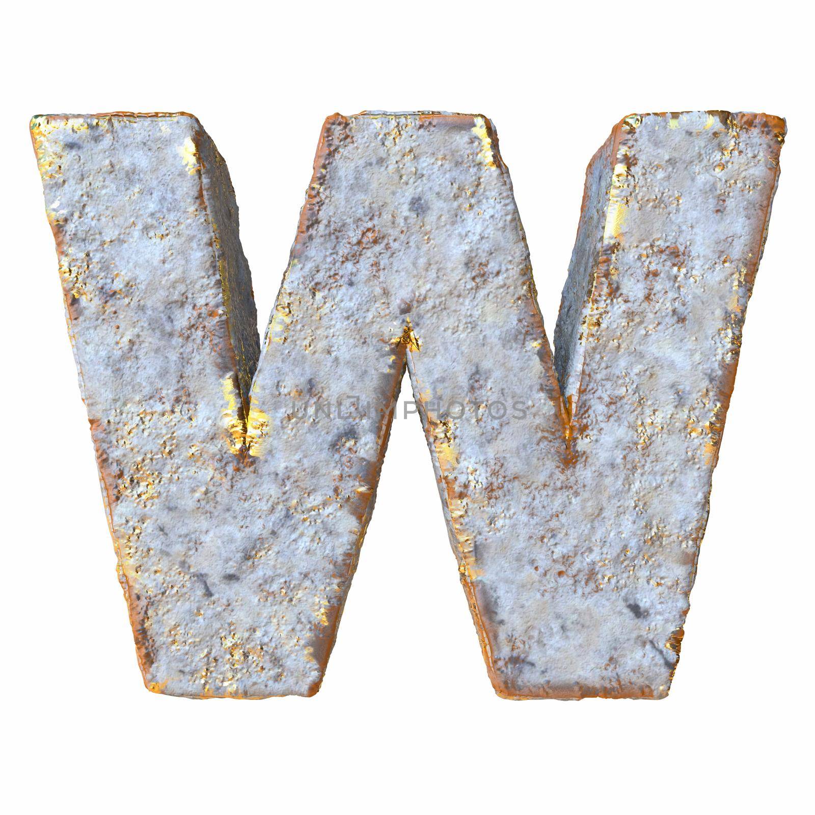 Stone with golden metal particles Letter W 3D rendering illustration isolated on white background