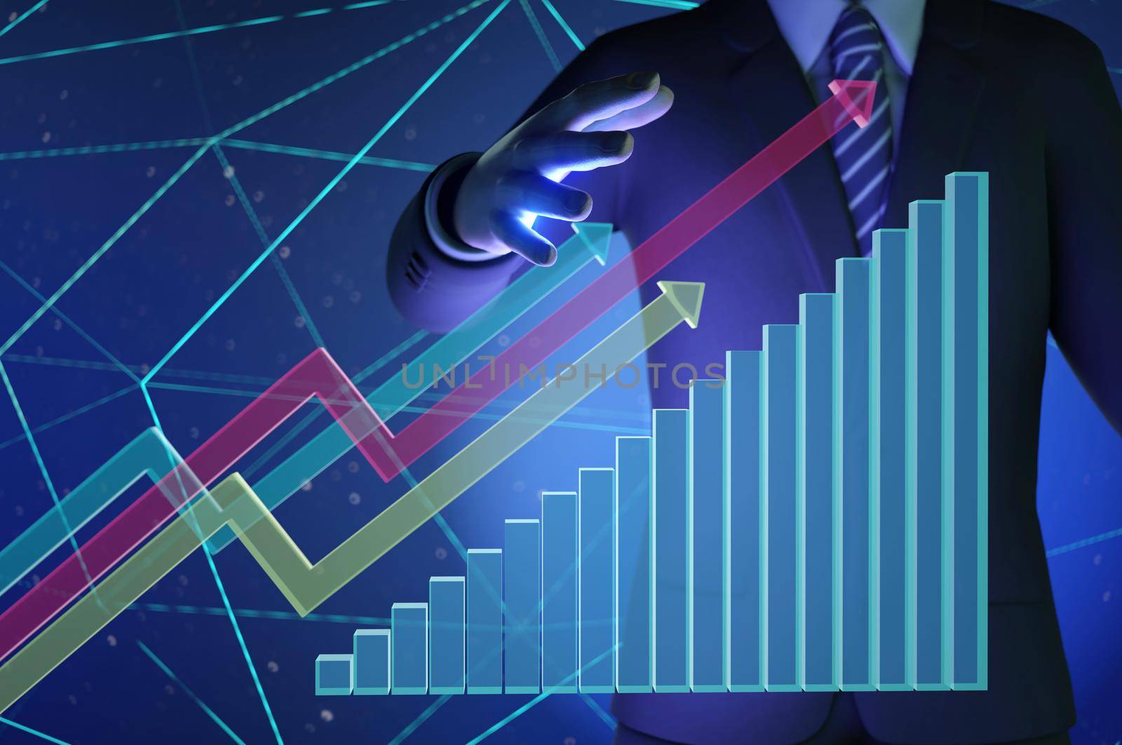 3d illustration.  Businessman hand on to stock market finance graph chart exchange money or growth investment global economy analysis rate on economic technology background