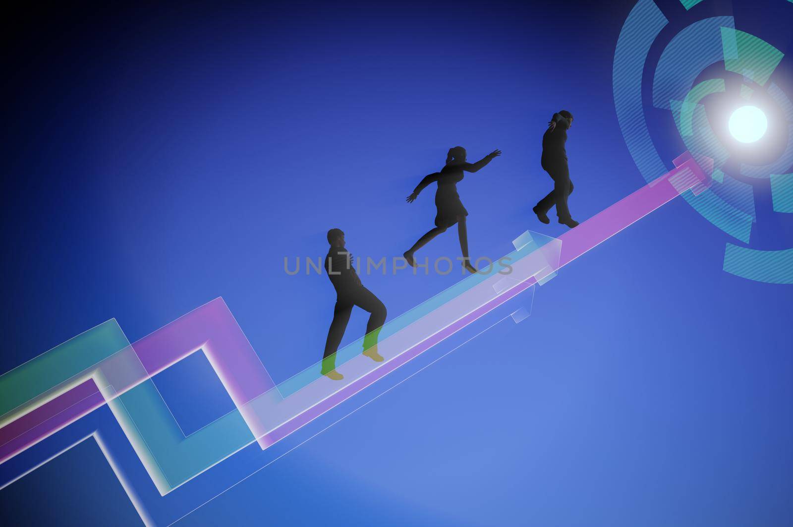 3d illustration . Concept of team work , success . Businessmen and businesswoman go on growing arrow by Hepjam