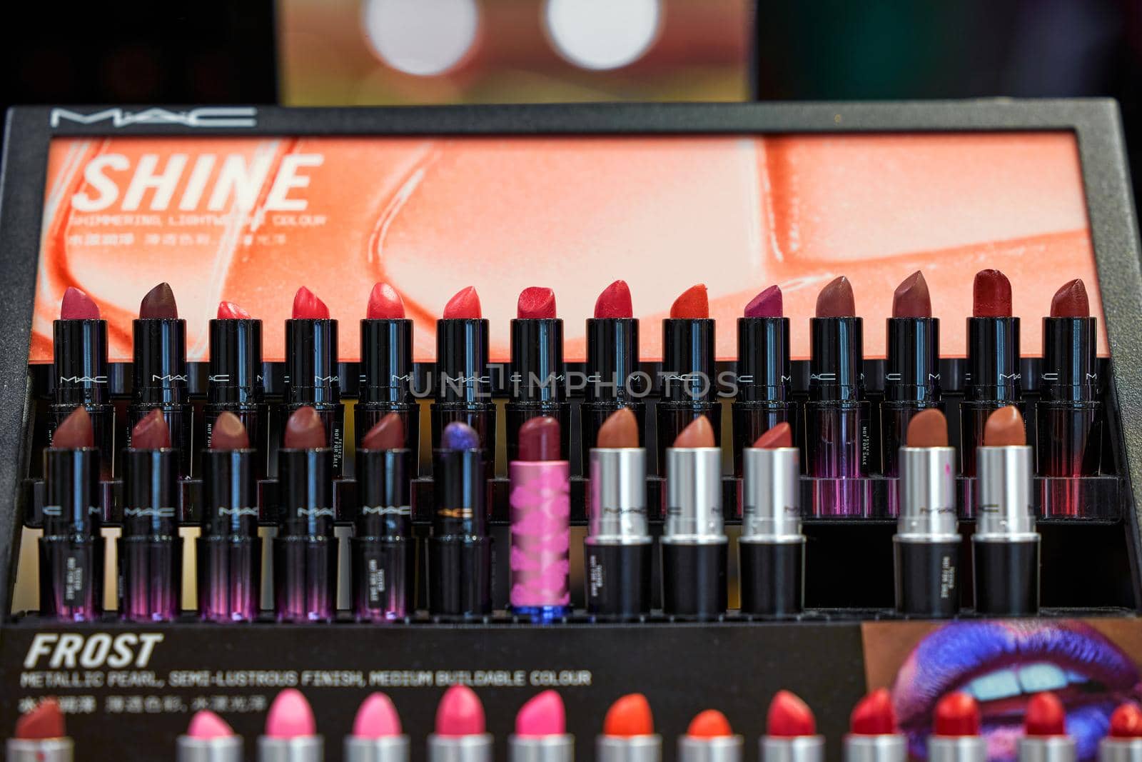 MAC Cosmetics lipstick on the stand. MAC lipstick testers displayed in a luxurious store. Excellent lipstick with a creamy formula, saturated pigments. 12,02,2022, Dubai, UAE by EvgeniyQW