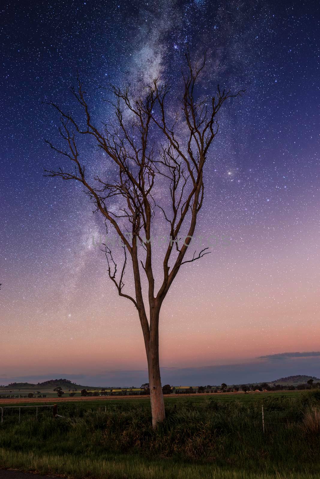 Milky way stars sparkle over rural farmlands Australia