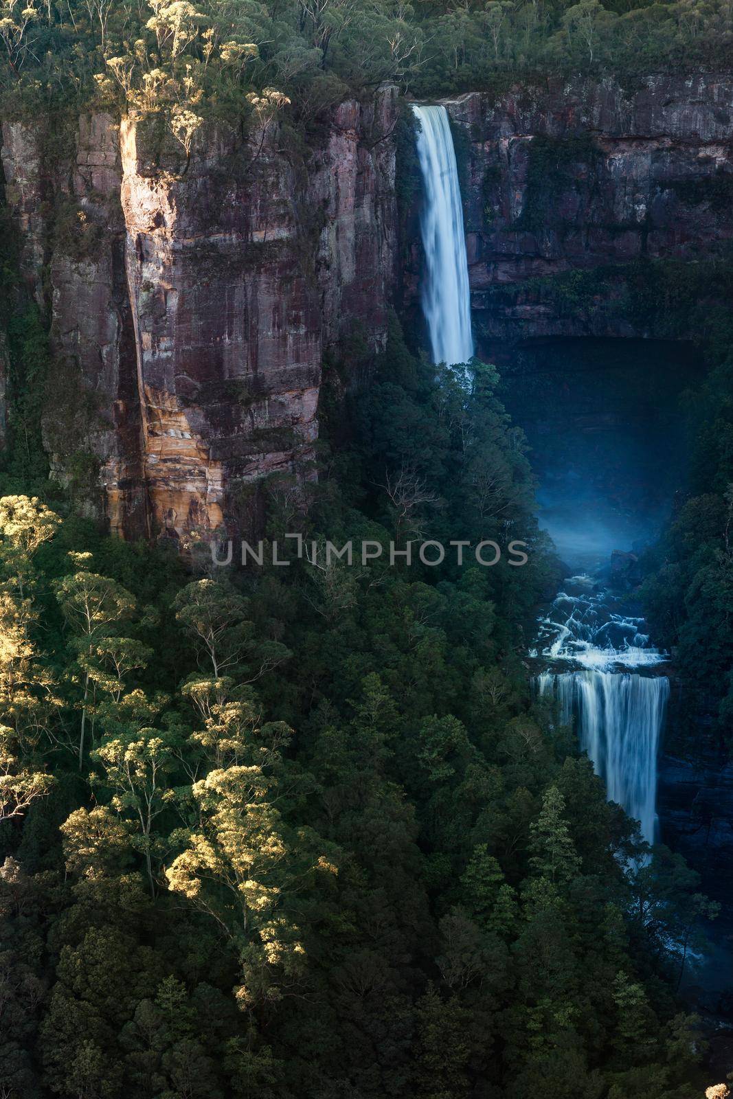 Views over two cliff drops of Belmore Falls in the Southern Highlands of Australia