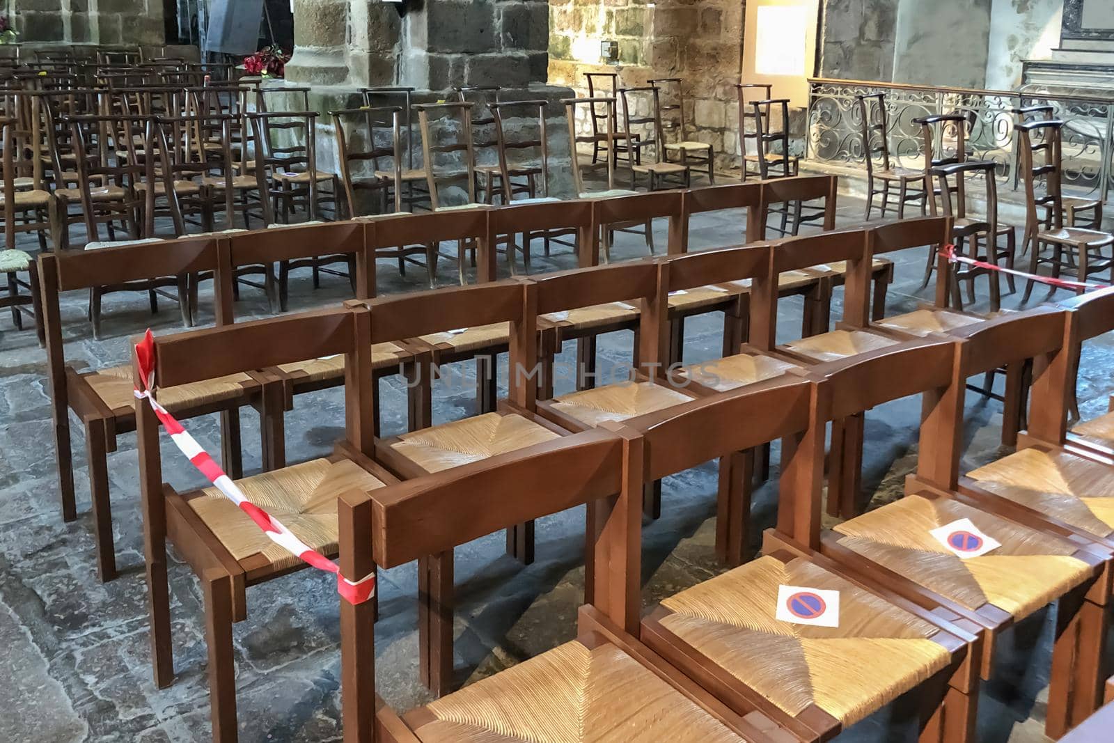 A church with empty seats during the coronavirus pandemic Covid-19.