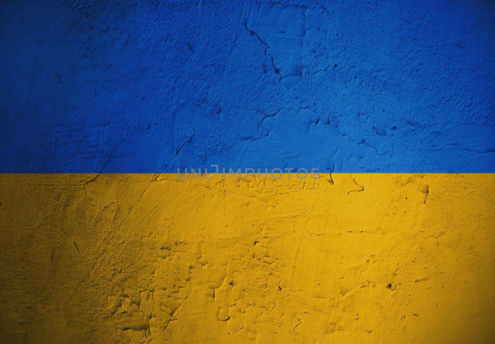 Grungy and damaged wall painted with blue and yellow paint like  Ukrainian flag by Novic