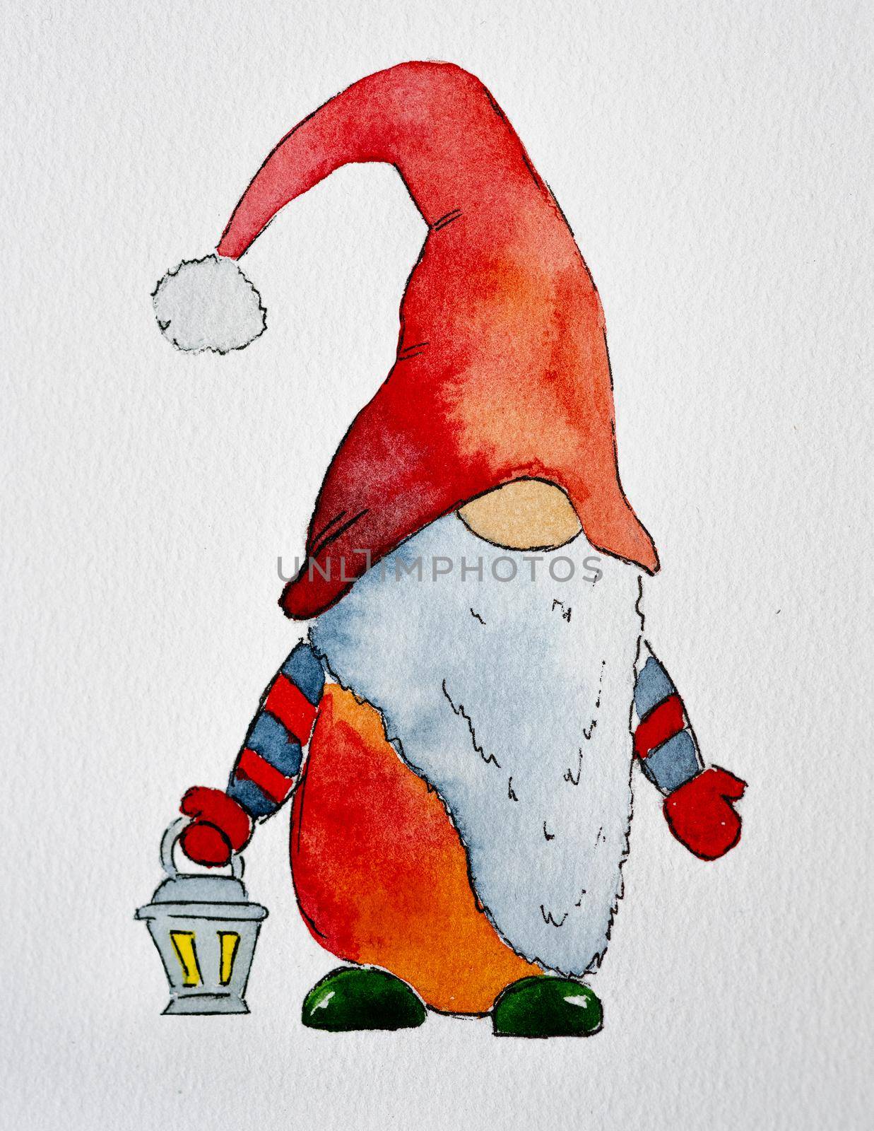 Christmas card with artistic dwarf, Santa Claus helper, holding decoration light painted with watercolor. New Year and Xmas festive art drawn with aquarelle