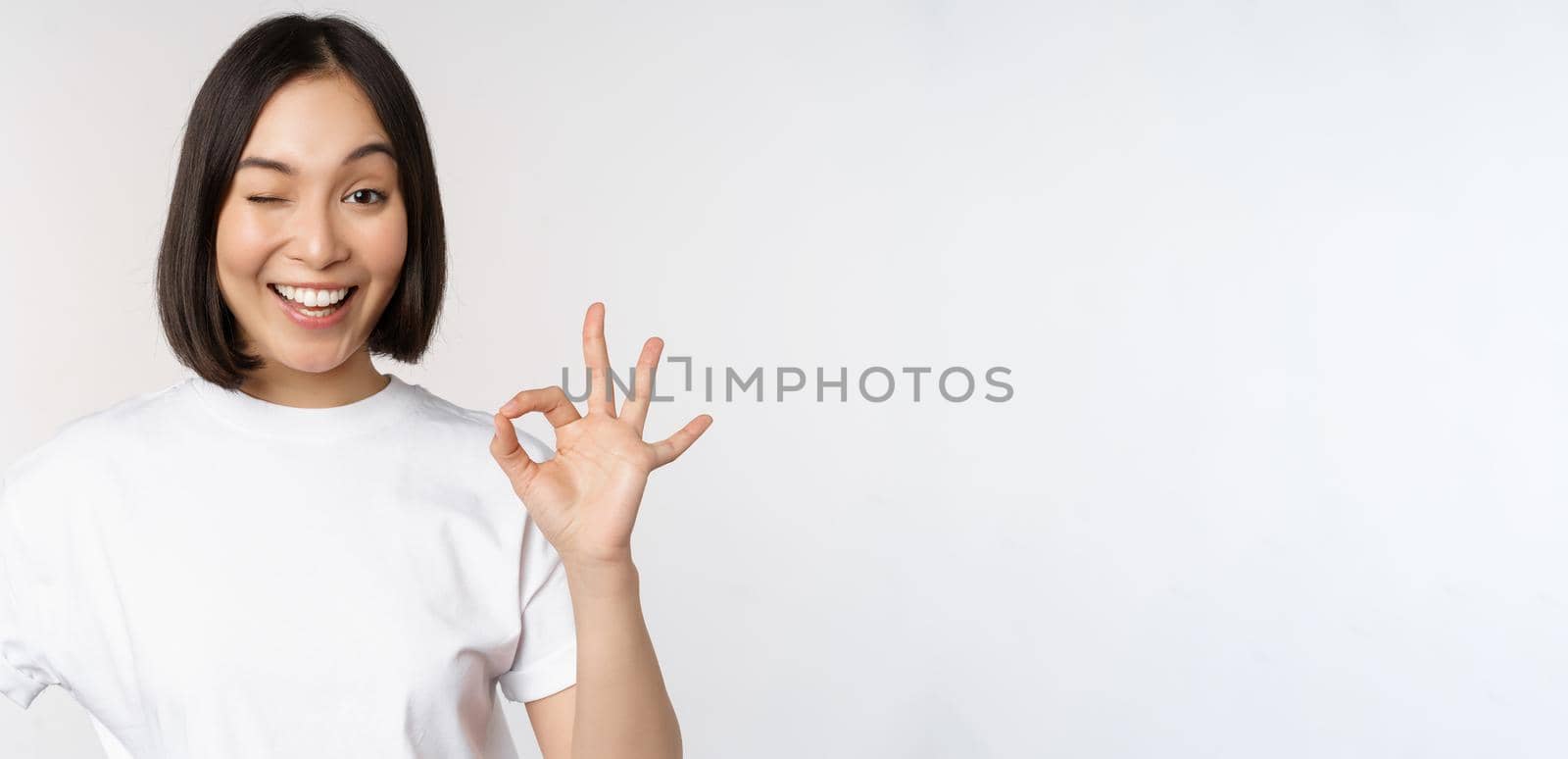 Everything okay. Smiling young asian woman assuring, showing ok sign with satisfied face, standing over white background. Copy space