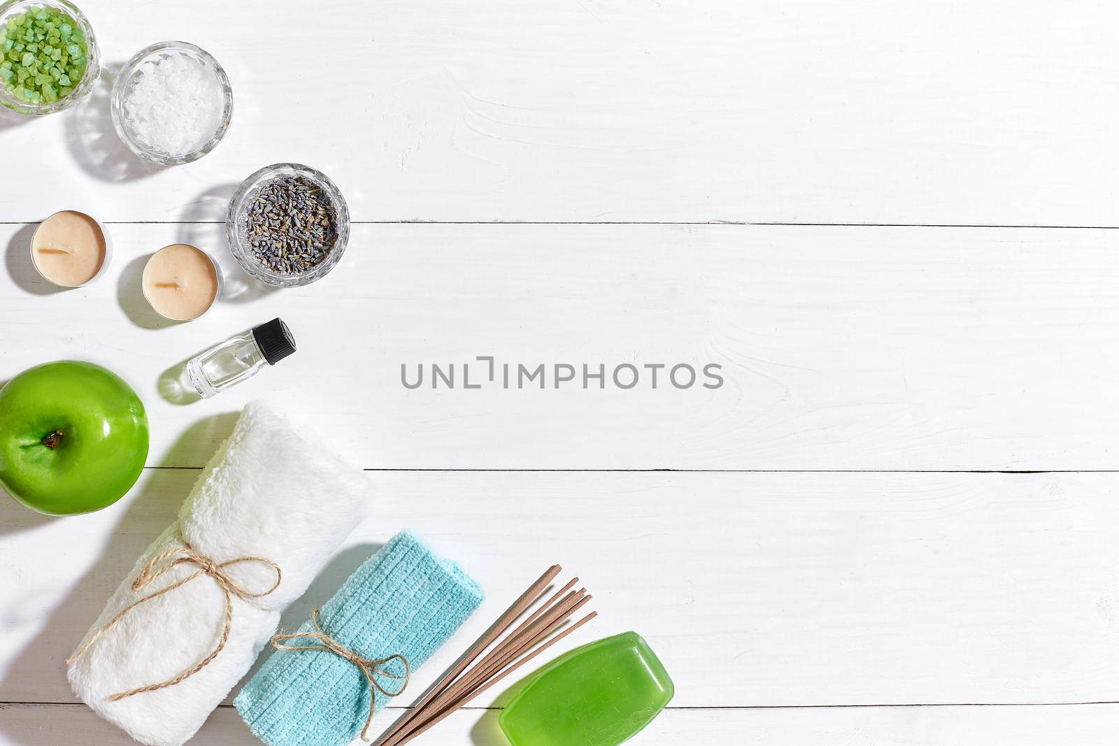 Bathroom or spa set on white background top view mock-up. Copy space. Still life. Flat lay