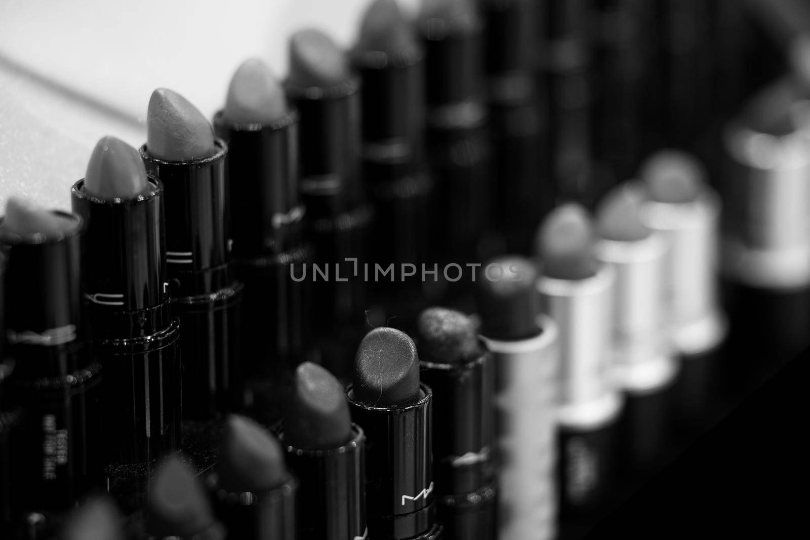 MAC Cosmetics lipstick on the stand. MAC lipstick testers displayed in a luxurious store. Excellent lipstick with a creamy formula, saturated pigments. 12,02,2022, Dubai, UAE by EvgeniyQW