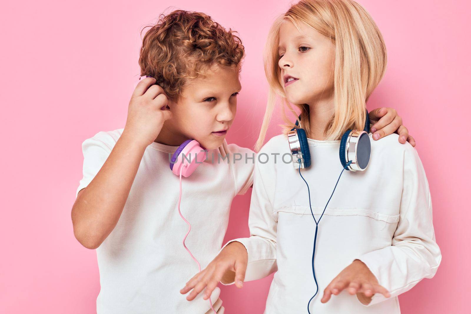 Funny children listening to music lifestyle childhood. High quality photo