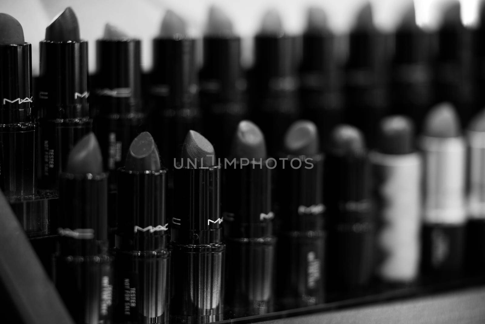 MAC Cosmetics lipstick on the stand. MAC lipstick testers displayed in a luxurious store. Excellent lipstick with a creamy formula, saturated pigments. 12,02,2022, Dubai, UAE.