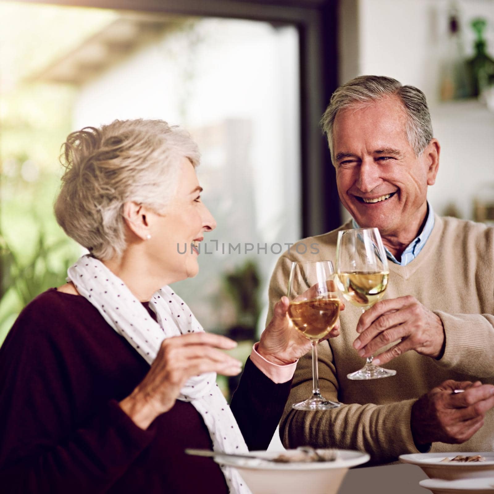 Toasting their golden years. Shot of an elderly couple enjoying a meal and wine together at home. by YuriArcurs
