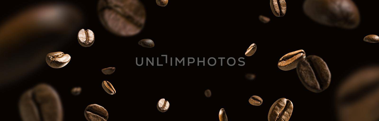 Coffee beans in flight on a dark background.