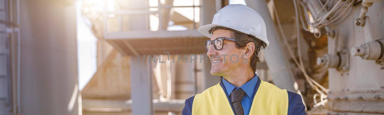 Cheerful male engineer standing at manufacturing plant by Yaroslav_astakhov