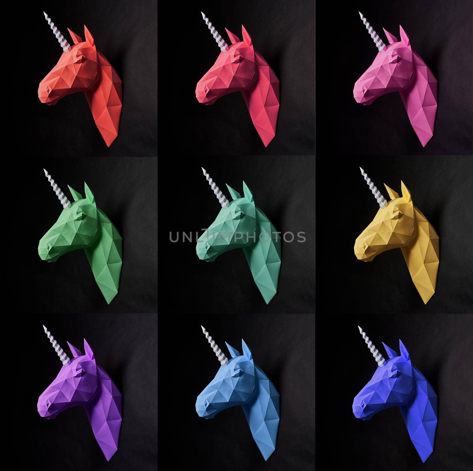 Original collage of nine photos with similar unicorn's heads, painted in bright colours. Animals are orange, red,pink,green,blue,yellow,tiffany and different shades of violet. Black wall background.