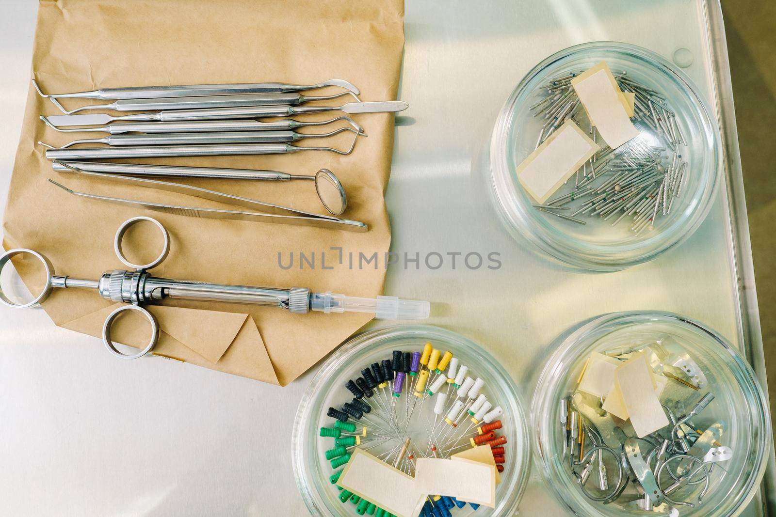 the dentist's tool is on the table before working in his office.