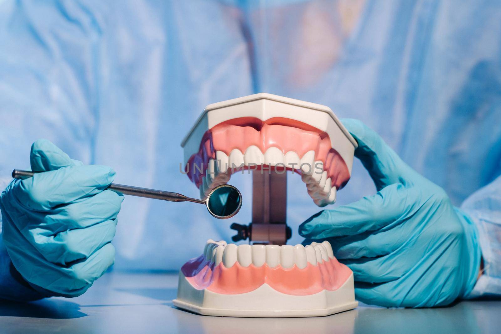 A dental doctor wearing blue gloves and a mask holds a dental model of the upper and lower jaws and a dental mirror by Lobachad