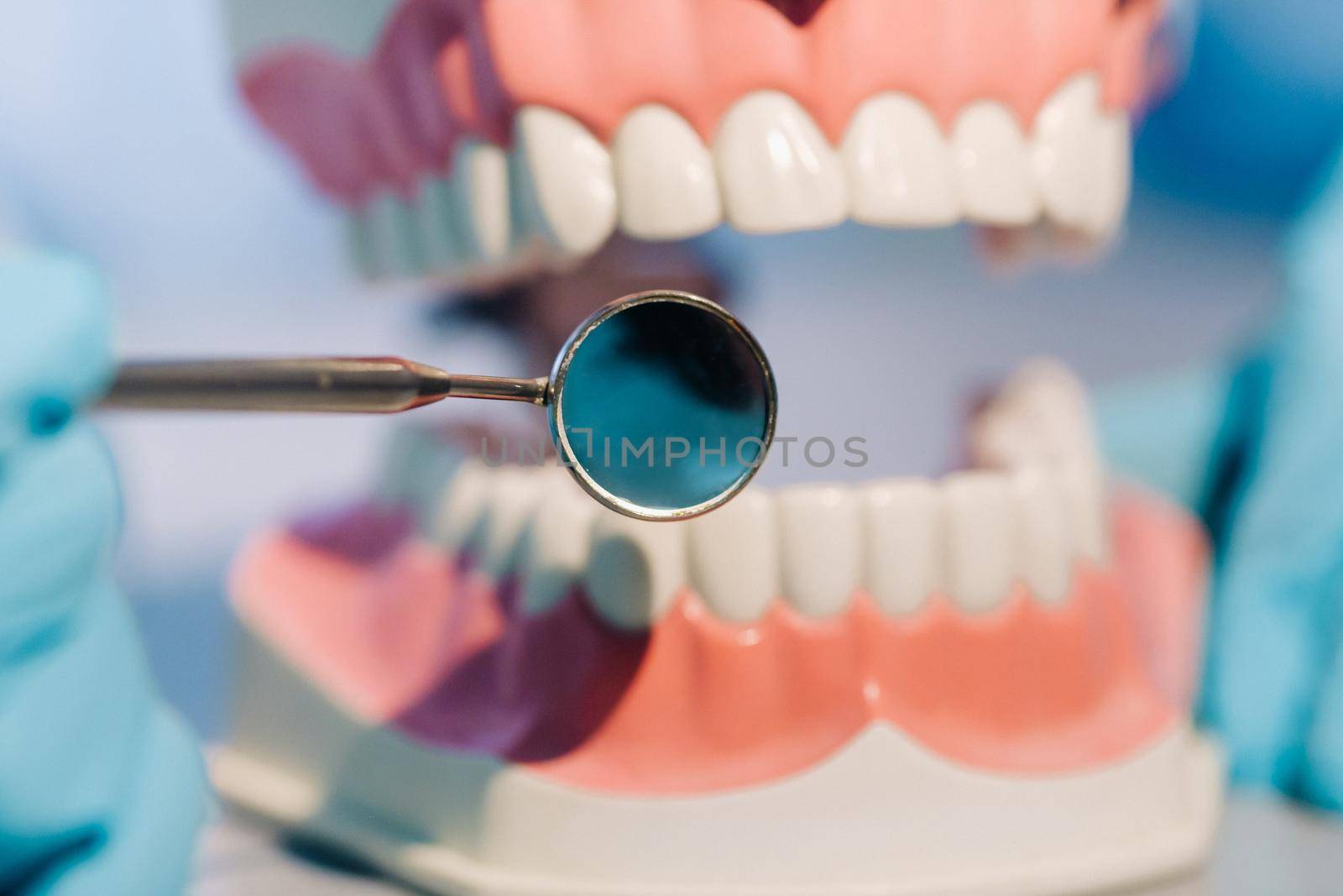 A dental doctor wearing blue gloves and a mask holds a dental model of the upper and lower jaws and a dental mirror by Lobachad