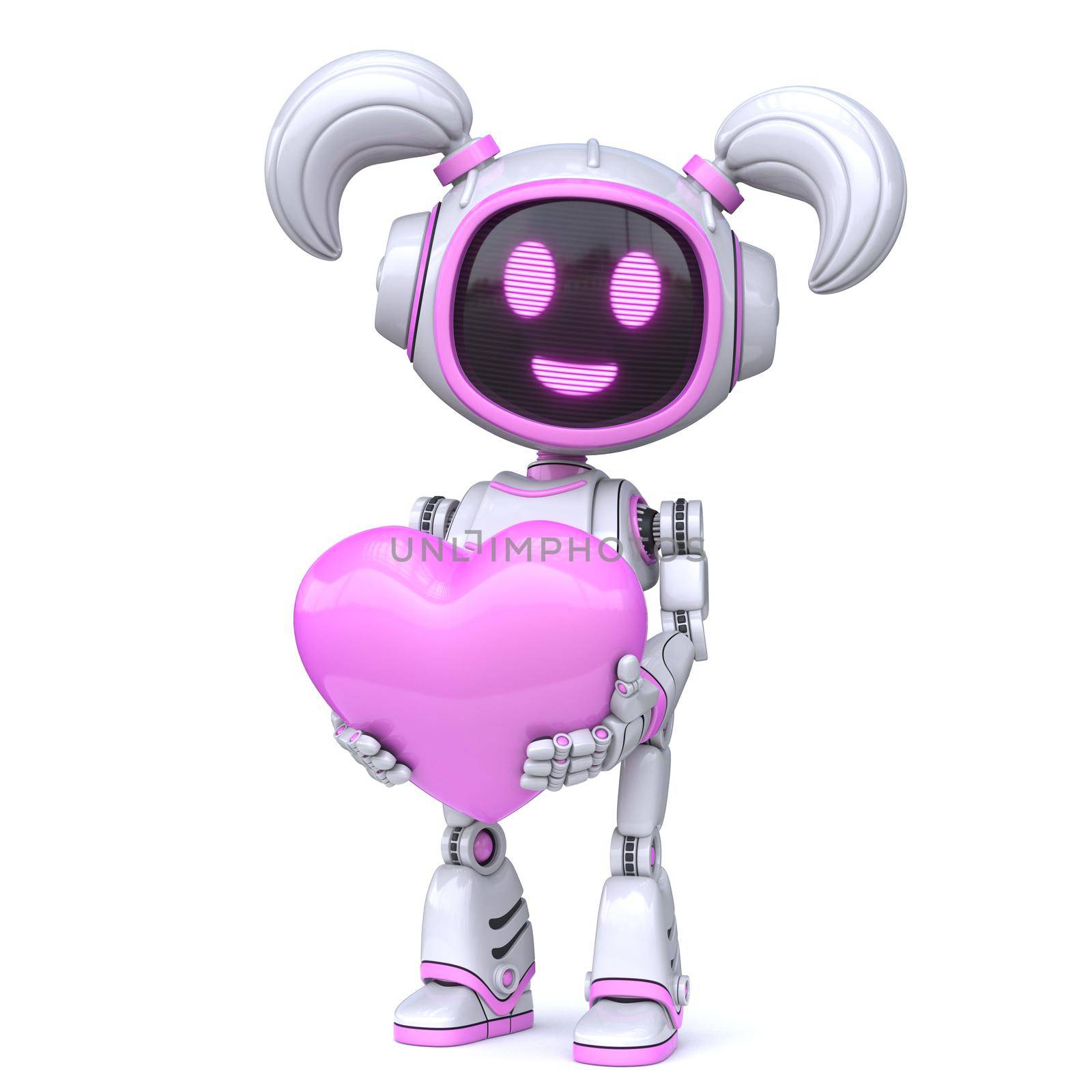 Cute pink girl robot holding red heart 3D rendering illustration isolated on white background