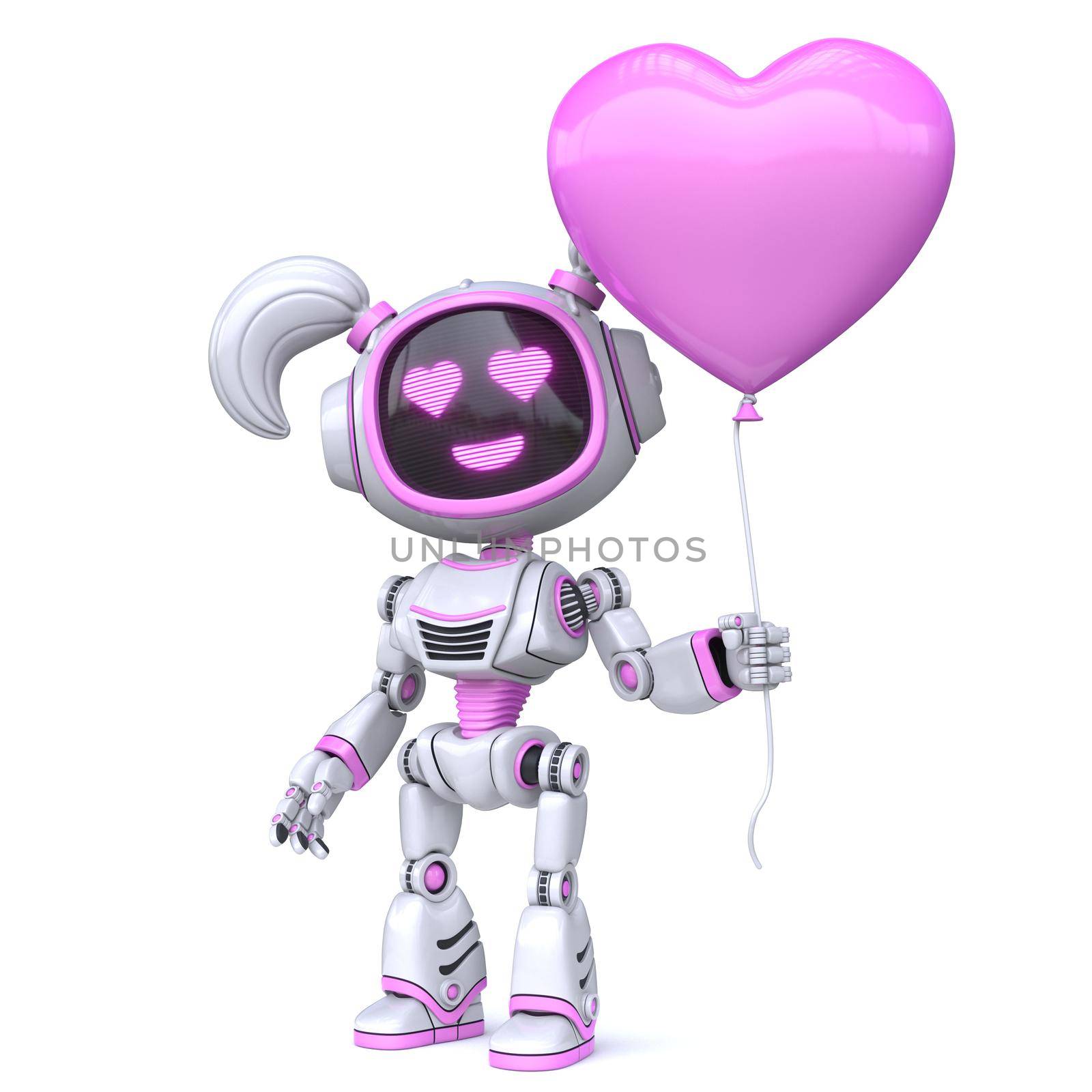 Cute pink girl robot hold heart shaped balloon 3D rendering illustration isolated on white background