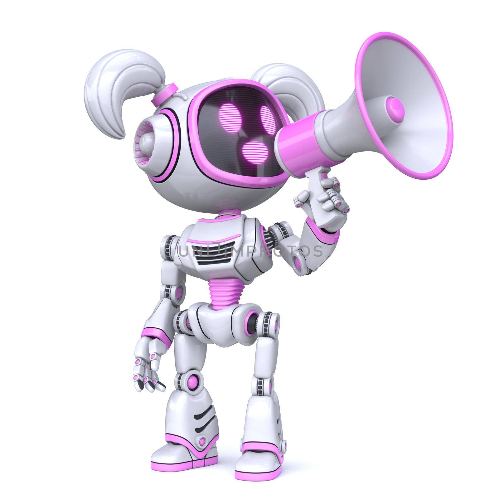 Cute pink girl robot with megaphone 3D rendering illustration isolated on white background