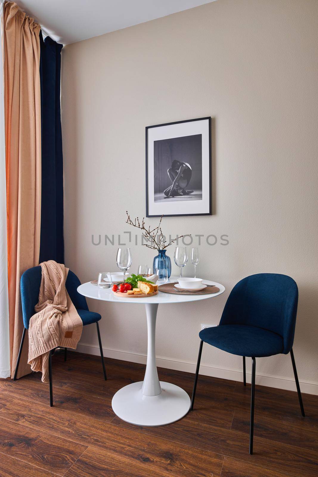 Cozy corner with a table and decor . High quality photo