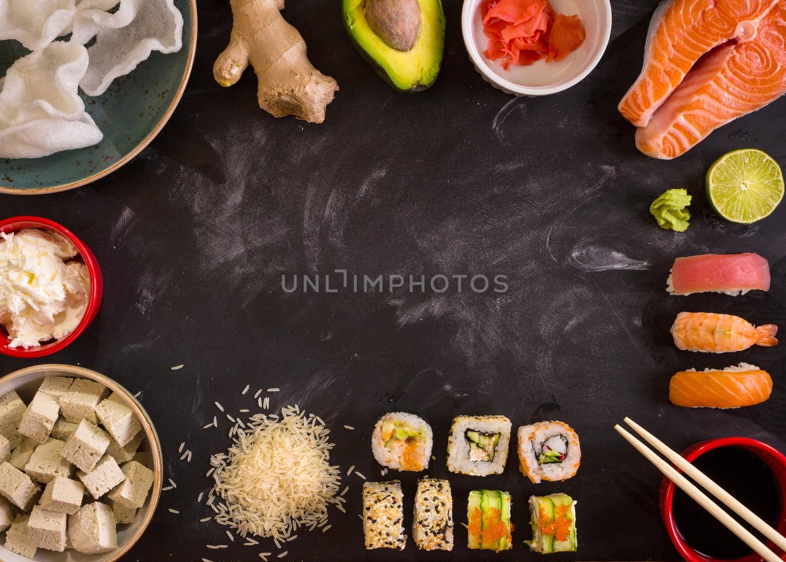 Ingredients for sushi on dark background by its_al_dente