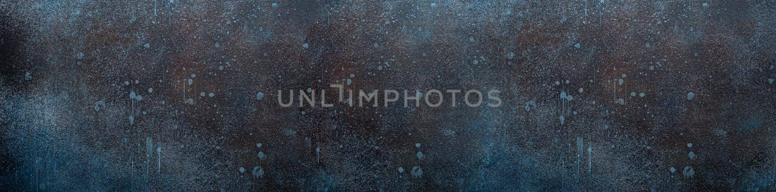 Blue and brown rusty drops and strays abstract rustic concrete blank background or backdrop with space for text, dark grunge stone texture template wall surface for design copy space