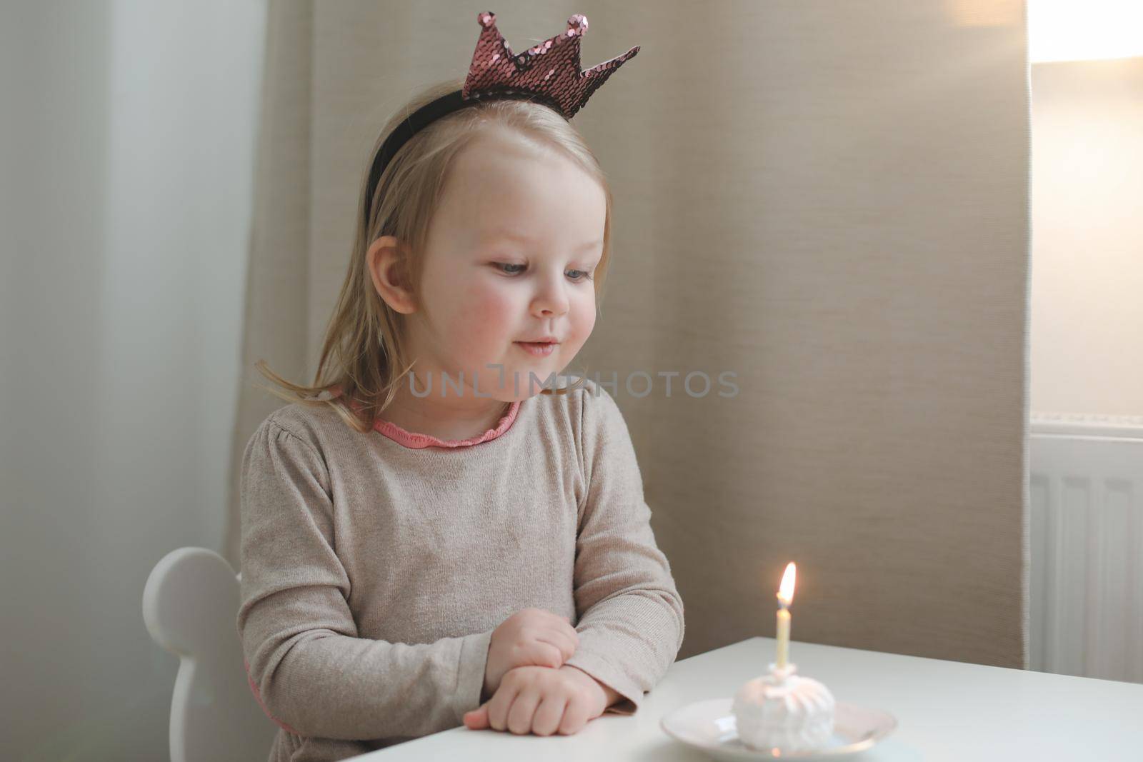 cute little girl blows out candle on a birthday cake at home. Child's birthday.