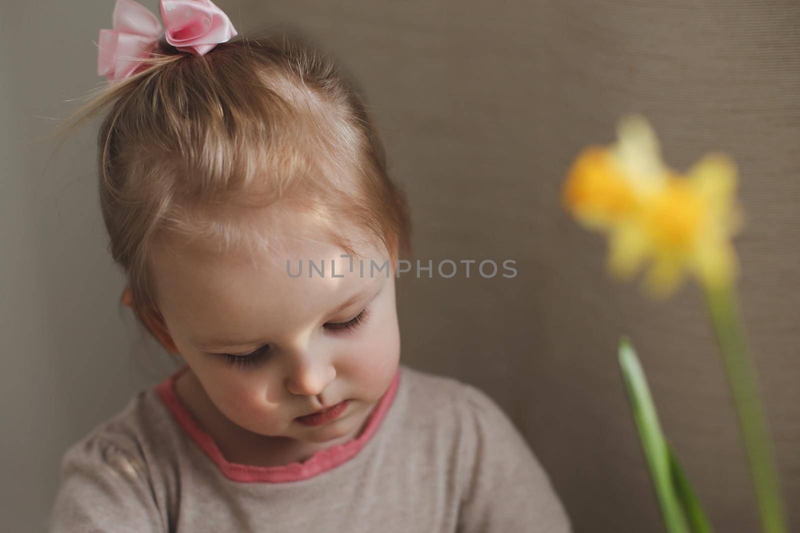 portrait of a little preschool girl with yellow spring daffodil flower at home