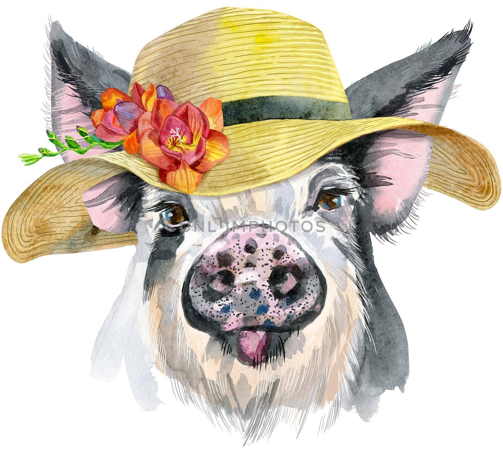 Cute piggy in summer hat with freesia. Pig for T-shirt graphics. Watercolor pig in black spots illustration