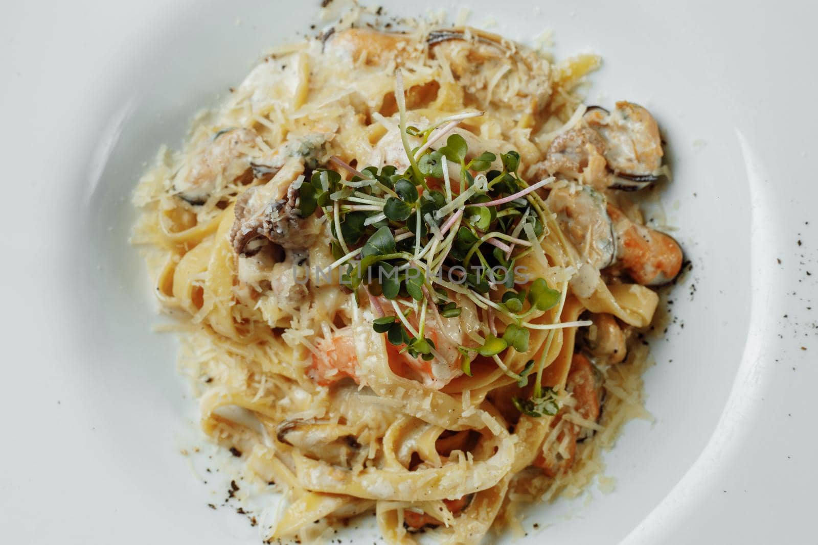 Dish of linguine allo scoglio, typical italian pasta with seafood, Mediterranean Cuisine.