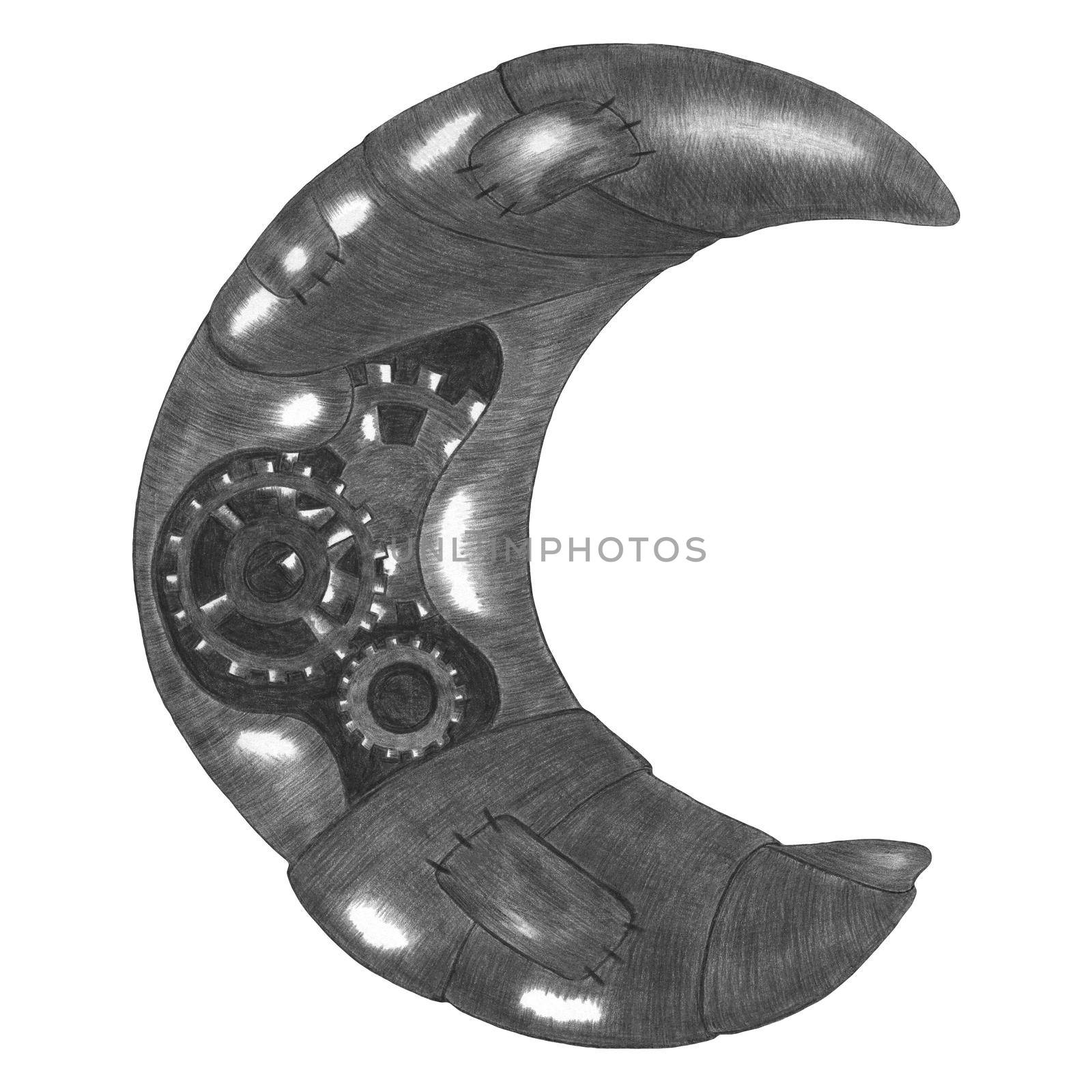 Hand Drawn Illustration of Black and White Steampunk Moon in Gray Colors on White Background. Steampunk Moon Design Element Drawn by Pencil.