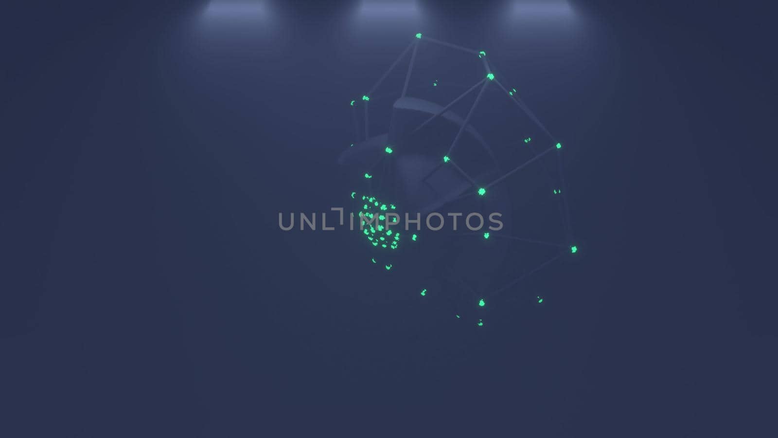 Dark 3d illustration of flying space object with glowing green lights in 4K UHD cyberspace