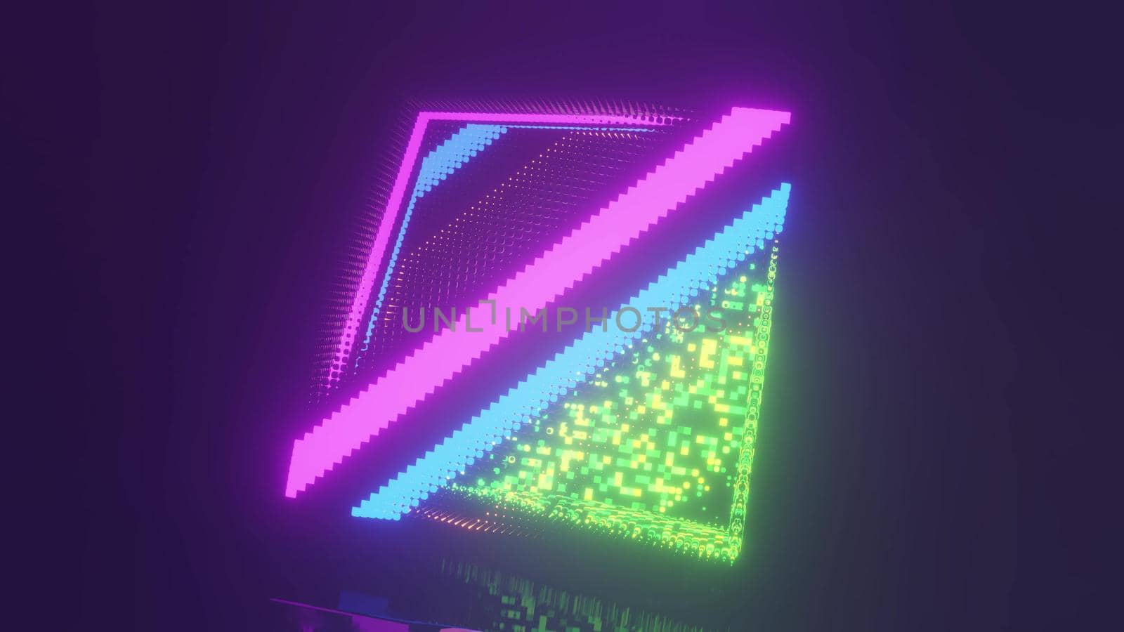 4K UHD 3D illustration of multicolored particles glowing with neon light and forming square in darkness