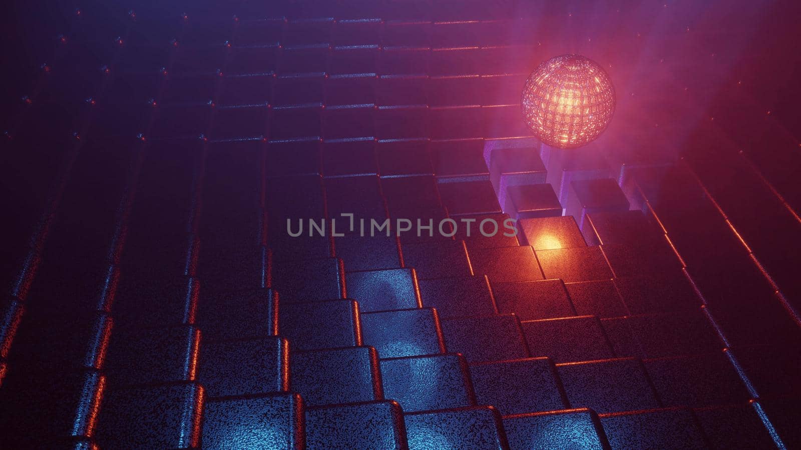 Abstract 3d background of dark wall made of rows of cubes and glowing sphere in 4K UHD quality