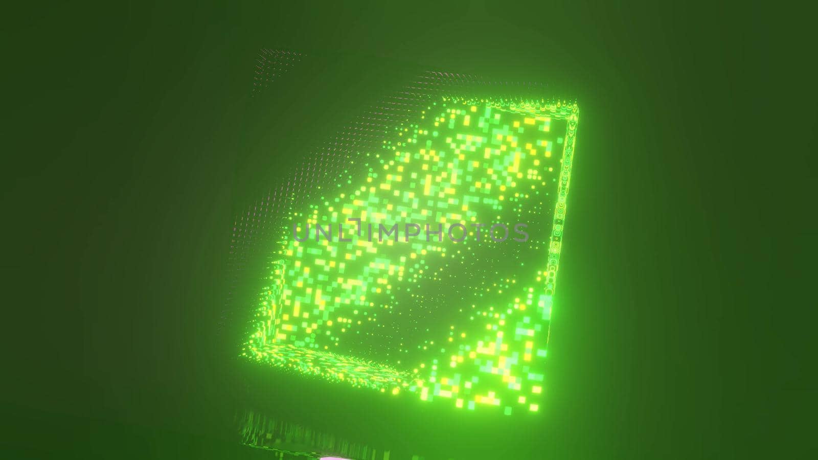 Abstract 3d illustration made of green small cubes forming bright diamond shaped pattern in 4K UHD quality