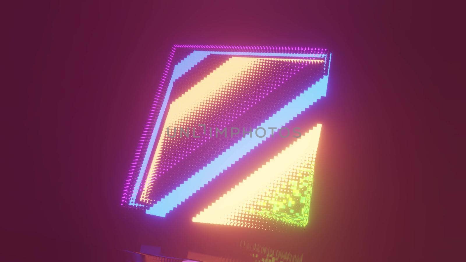 4K UHD 3D illustration of small pixels shining with colorful neon light and forming sci fi geometric ornament