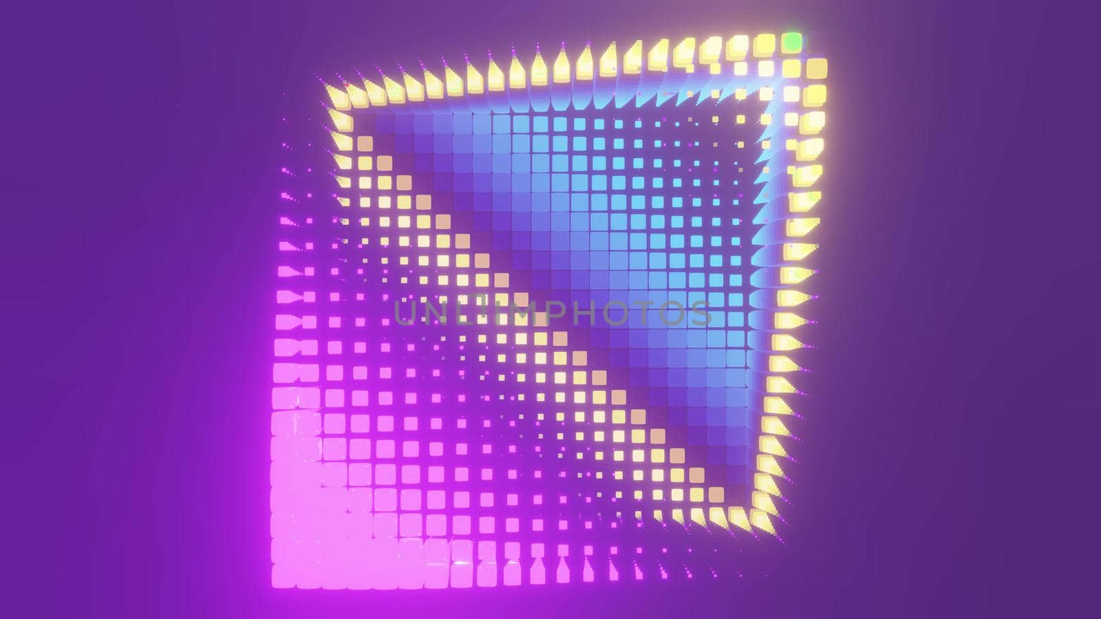 4K UHD 3D illustration of small cubes glowing with multicolored neon light and forming surreal geometric ornament