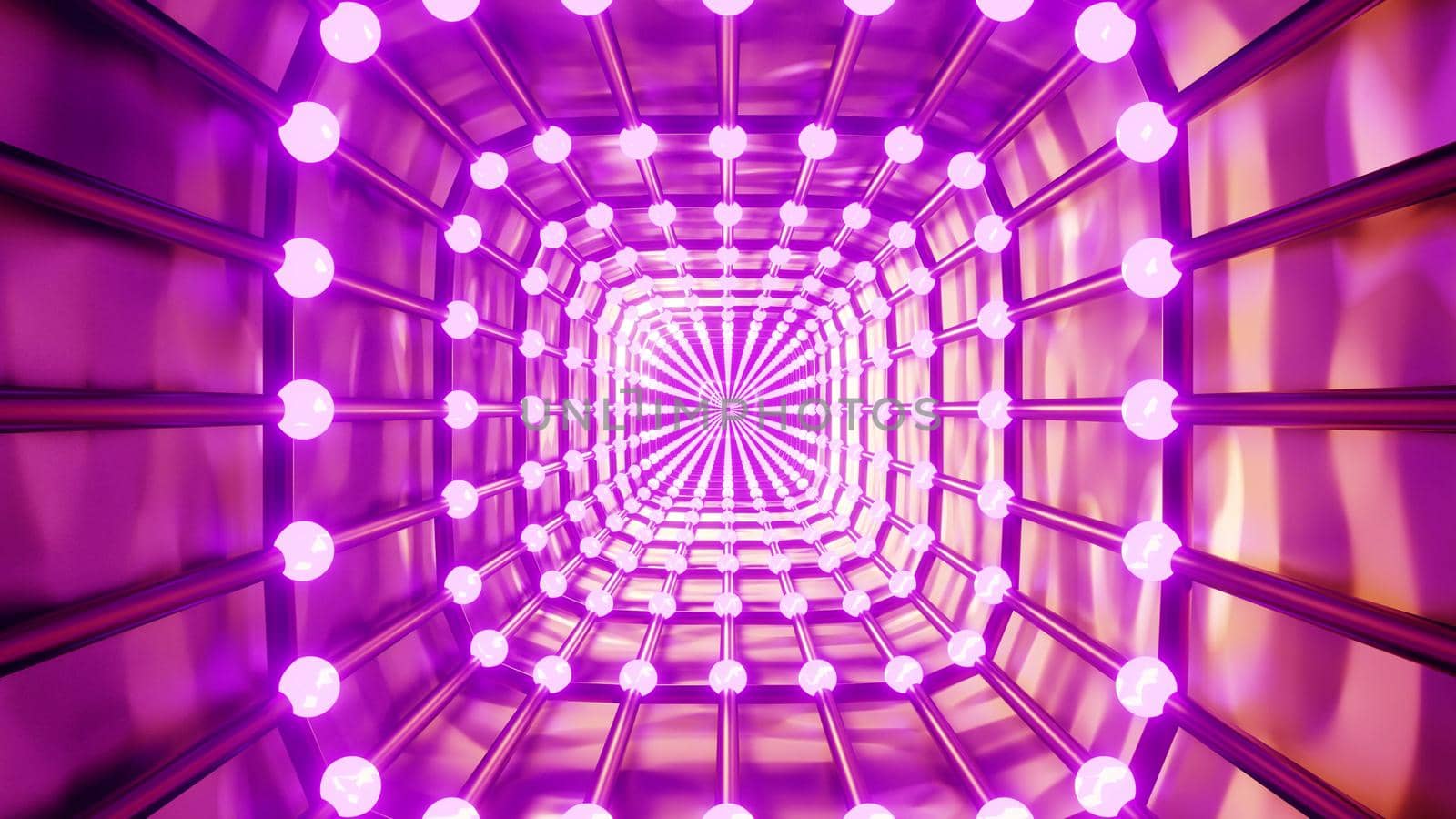 3d illustration of 4K UHD abstract tunnel formed by metal pipes and bright glowing lamps