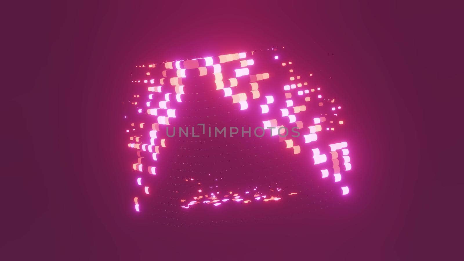 4K UHD 3D illustration of small red and magenta cubes glowing with vivid neon light and forming futuristic geometric shape
