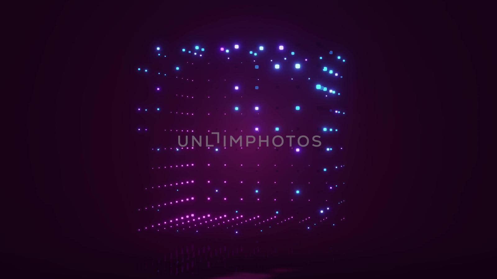 Dark 3d illustration of square shaped pattern made of small glowing purple cubes in 4K UHD quality