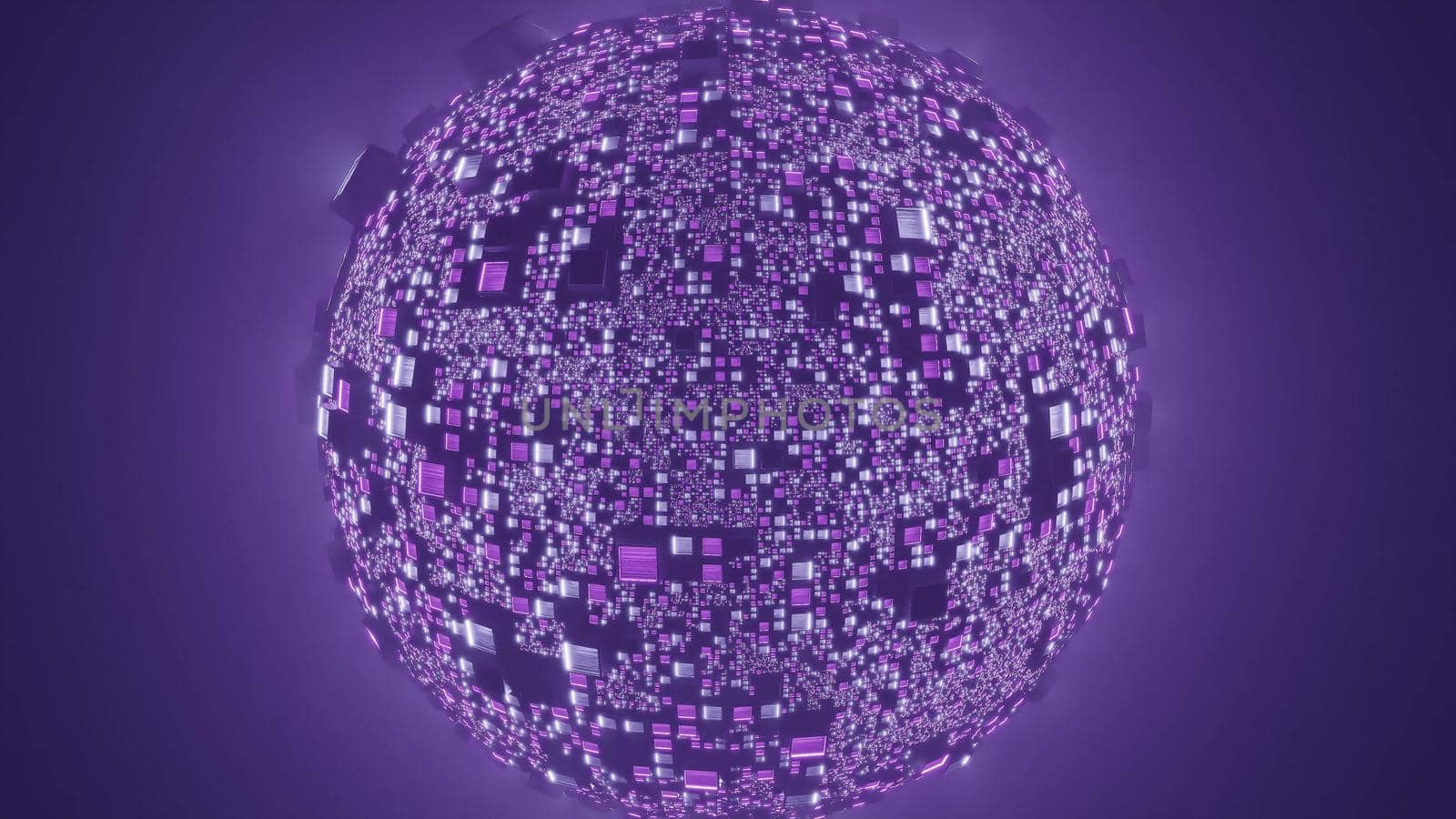 Abstract 3d illustration of sphere representing high tech planet made of cubes on purple 4K UHD background