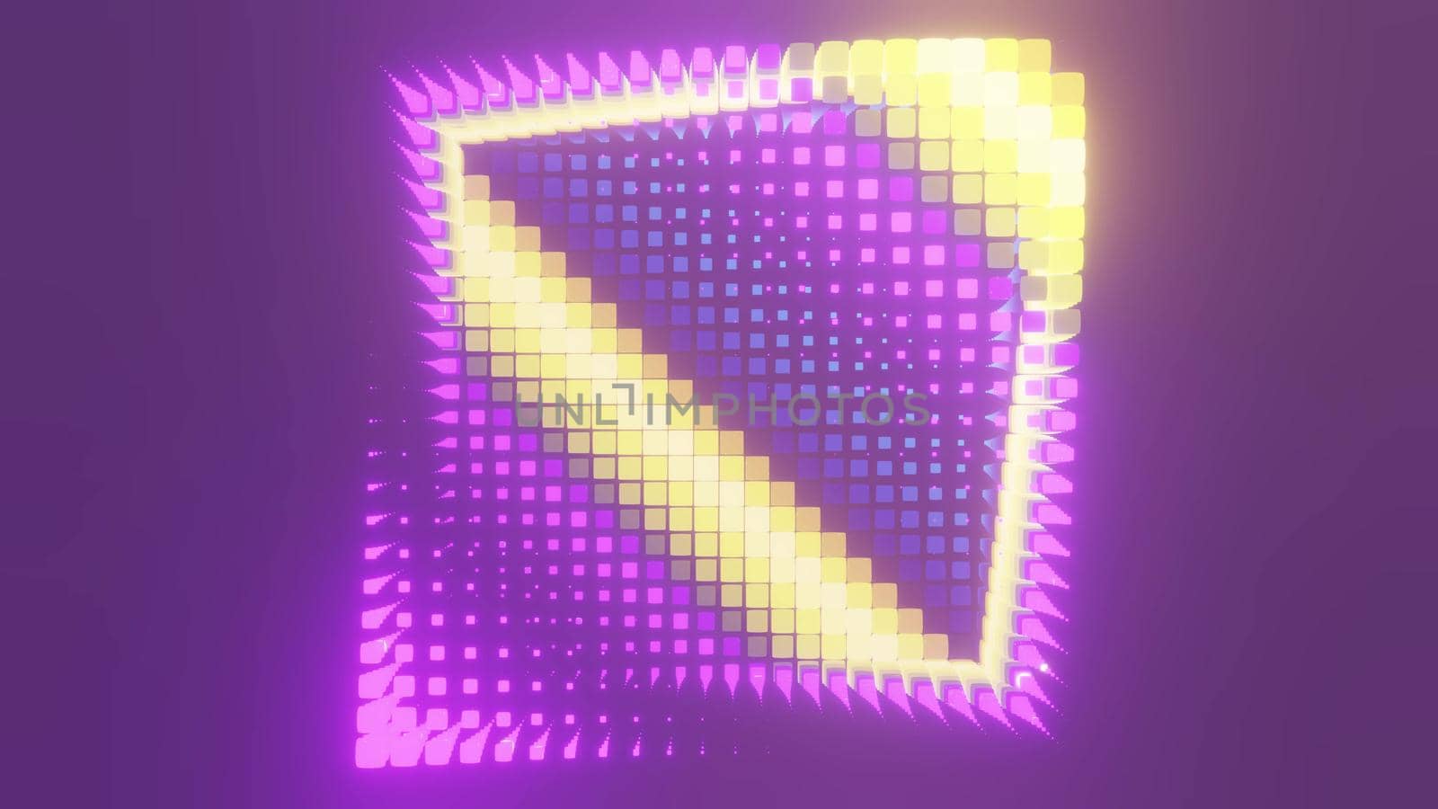 4K UHD 3D illustration of yellow and purple cubes glowing with neon light and forming wavy geometric ornament