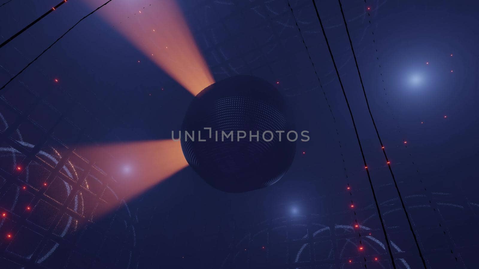 3d illustration of abstract 4K UHD background with sphere with glowing rays of light against grid in darkness