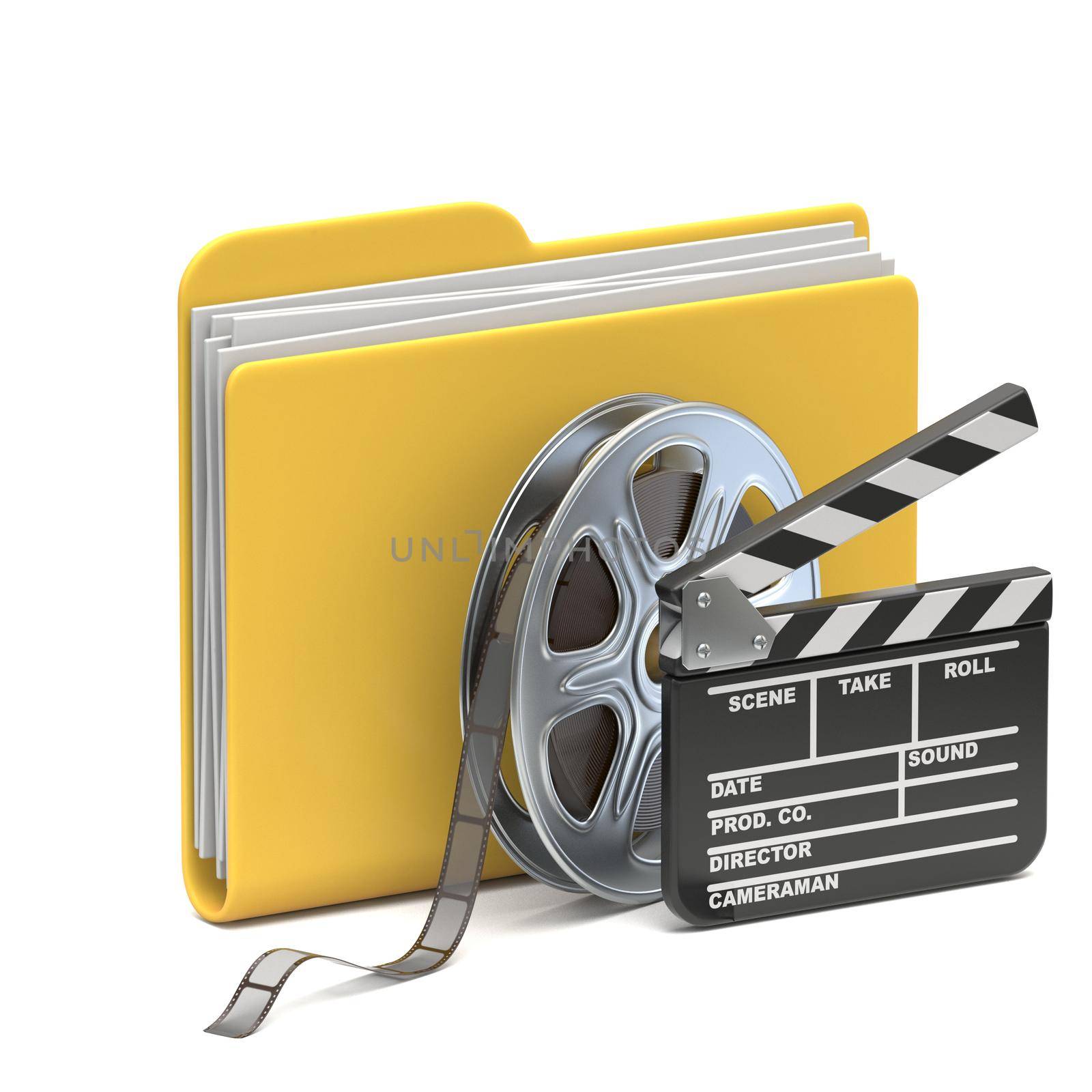 Yellow folder icon Film reel and clapboard 3D rendering illustration isolated on white background by djmilic