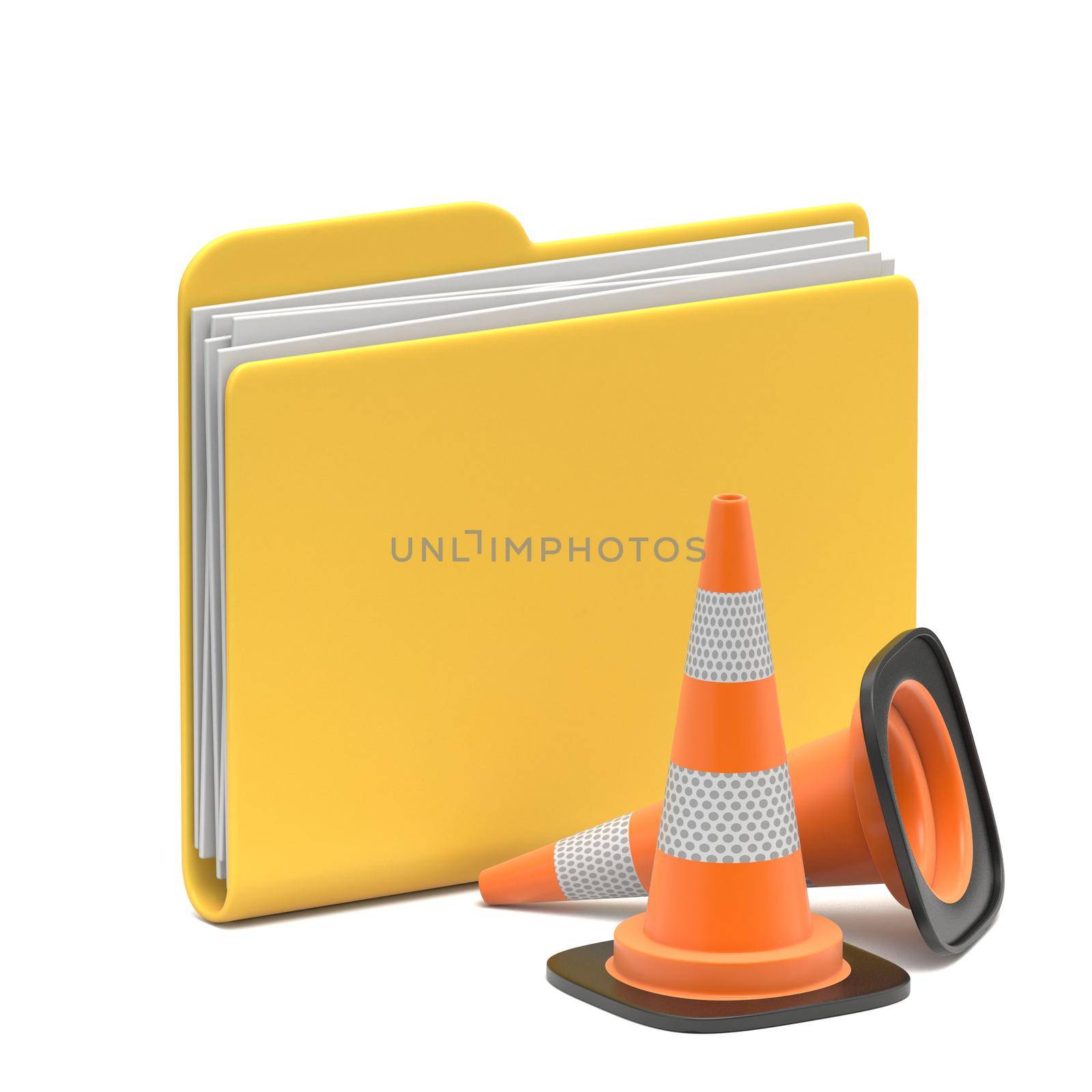 Yellow folder icon with traffic cones 3D rendering illustration isolated on white background
