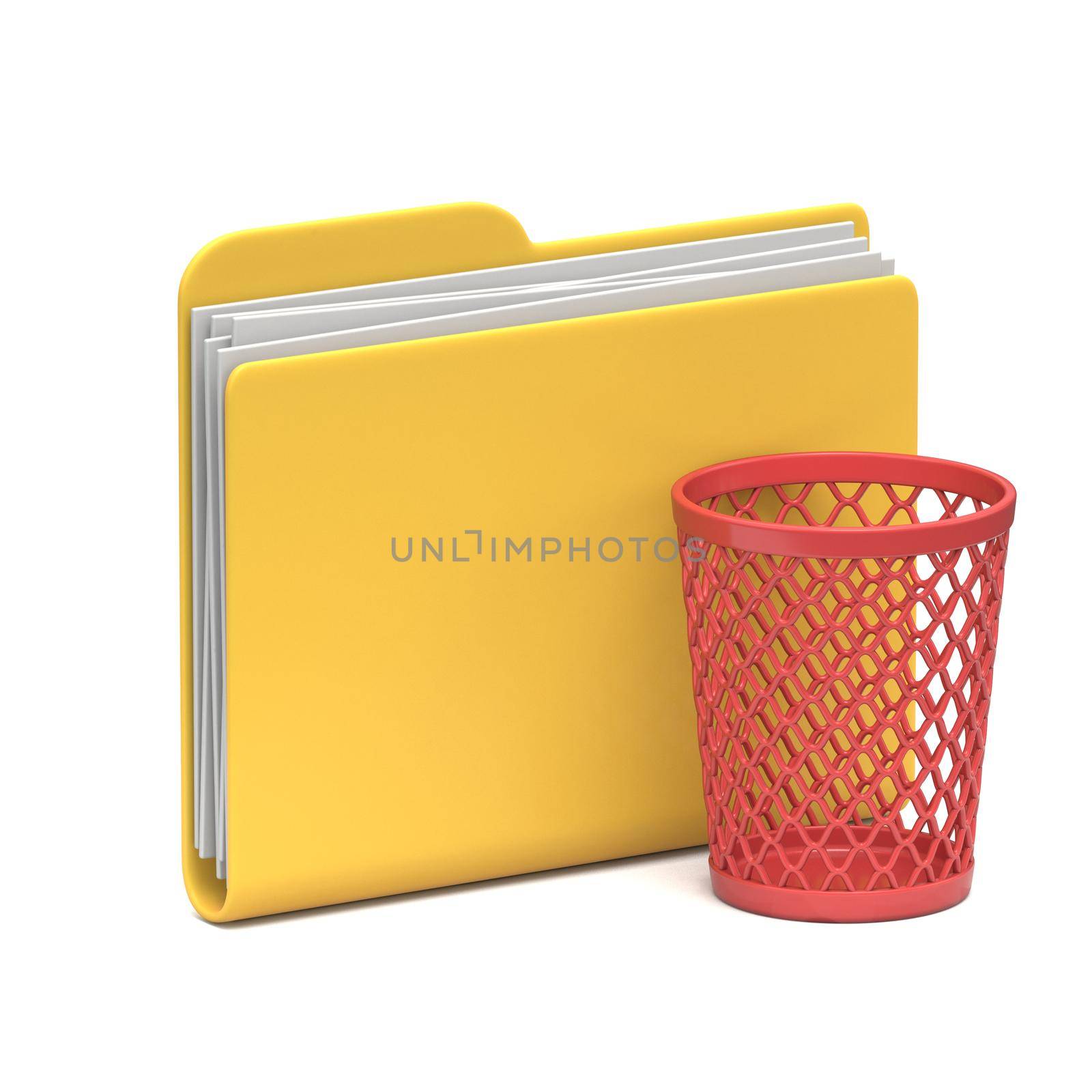 Yellow folder icon Empty recycle bin 3D rendering illustration isolated on white background